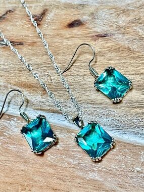 Teal Crystal Drop Earrings — Sterling Silver Setting